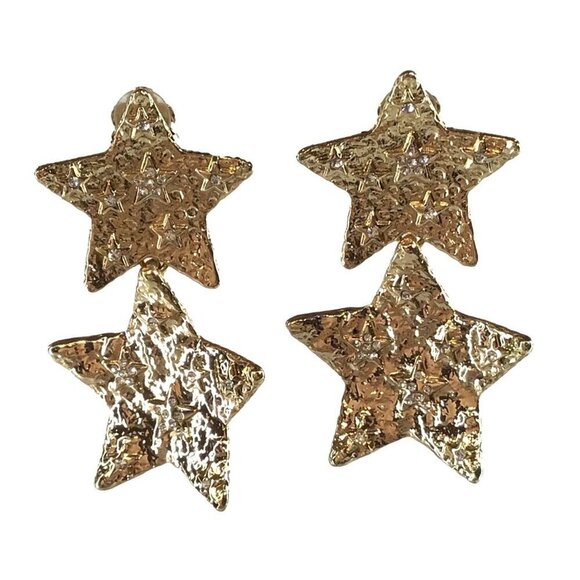 Gold Tone Star Shaped Clip On Dangle Earrings Rhinestone Accents - Picture 1 of 4